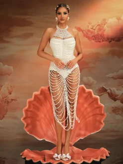 Beaded Wear|Dresses*Mew Mews Fashion O/S Nicola Halterneck Pearl Fringe Maxi Dress