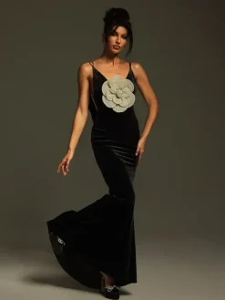 Dresses|Maxi Dresses*Mew Mews Fashion Nketiah Plunge Neck Flower Velvet Maxi Dress