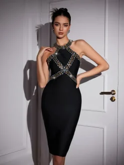 Dresses|Midi Dresses*Bandage Ochre Halterneck Rhinestone Midi Dress