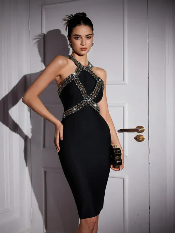 Dresses|Midi Dresses*Bandage Ochre Halterneck Rhinestone Midi Dress