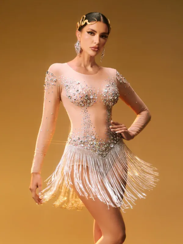 Bodysuits|Tops*W Jia Octorber Long Sleeve Crystal Fringe Bodysuit