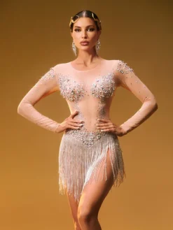 Bodysuits|Tops*W Jia Octorber Long Sleeve Crystal Fringe Bodysuit