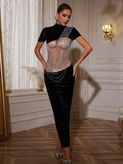 Embellishment|Dresses*Embellishment Olday Crystal Chain Velvet Dress