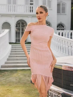 Dresses|Midi Dresses*Bandage Olythia One Shoulder Fringe Midi Dress In Dusty Pink