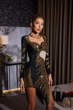 Embellishment|Dresses*Embellishment Omari Long Sleeve Rhinestone Midi Dress