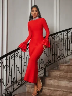Dresses|Maxi Dresses*Bandage Omer Rhinestone Dress In Red