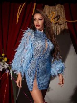 Embellishment|Dresses*Lu Yili Onyx Long Sleeve Sequin Feather Mini Dress