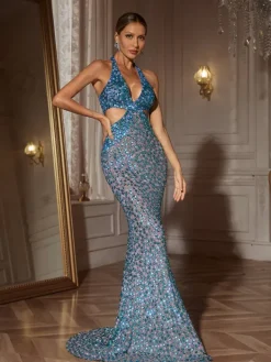 Embellishment|Dresses*Embellishment Orenthal Halterneck Rhinestone Cutout Maxi Dress