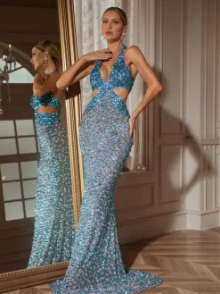 Embellishment|Dresses*Embellishment Orenthal Halterneck Rhinestone Cutout Maxi Dress