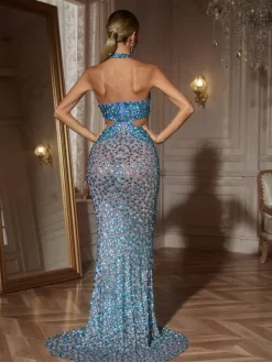 Embellishment|Dresses*Embellishment Orenthal Halterneck Rhinestone Cutout Maxi Dress