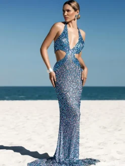 Embellishment|Dresses*Embellishment Orenthal Halterneck Rhinestone Cutout Maxi Dress