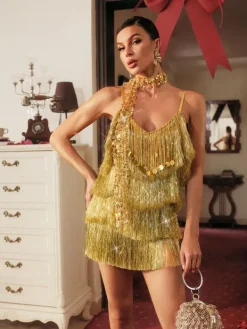 Dresses|Mini Dresses*Mew Mews Fashion Orsolya Spaghetti Sequin Fringe Mini Dress