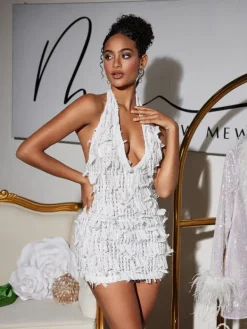Dresses|Mini Dresses*Mew Mews Fashion Osanya Plunge Neck Fringe Mini Dress