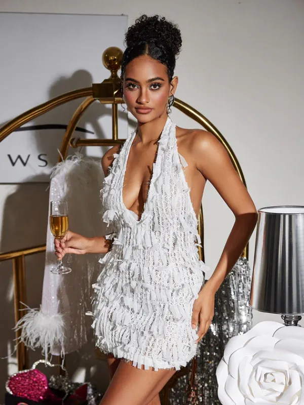 Dresses|Mini Dresses*Mew Mews Fashion Osanya Plunge Neck Fringe Mini Dress