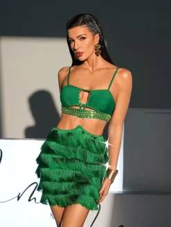 Dresses|Mini Dresses*Bandage Osiris Rhinestone Cutout Fringe Dress In Green