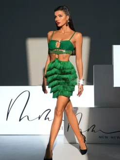 Dresses|Mini Dresses*Bandage Osiris Rhinestone Cutout Fringe Dress In Green
