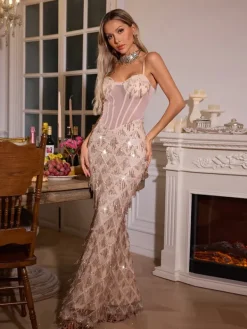 Dresses|Maxi Dresses*Mew Mews Fashion Ottis Sequin Fringe Maxi Dress In Apricot