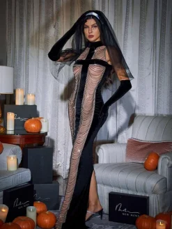 Embellishment|Dresses*Embellishment Pablo High Neck Chain Fringe Maxi Dress With Gloves In Black