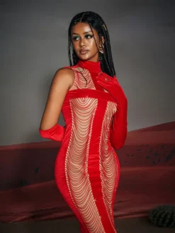 Embellishment|Dresses*Embellishment Pablo High Neck Chain Fringe Maxi Dress With Gloves