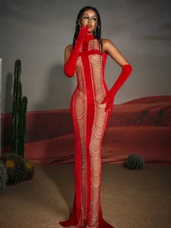 Embellishment|Dresses*Embellishment Pablo High Neck Chain Fringe Maxi Dress With Gloves