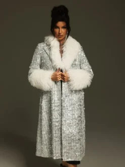 Coats & Jackets*Mew Mews Fashion Panue Faux Fur Collar Sequin Coat