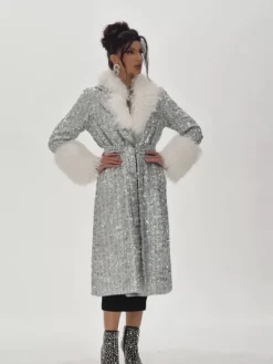 Coats & Jackets*Mew Mews Fashion Panue Faux Fur Collar Sequin Coat