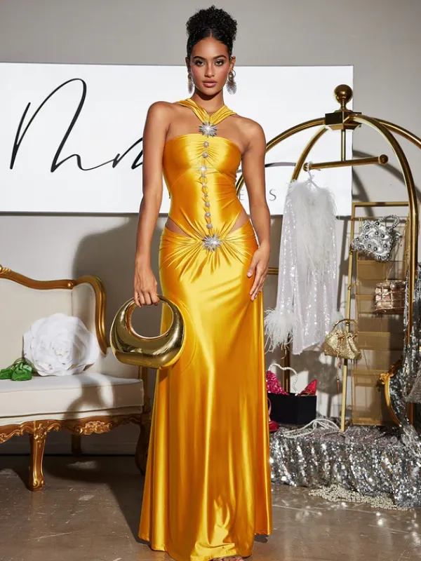 Dresses|Maxi Dresses*Mew Mews Fashion Panya Crystal Cutout Satin Maxi Dress