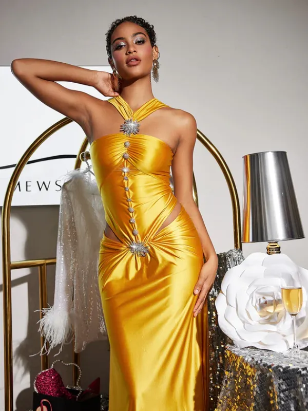 Dresses|Maxi Dresses*Mew Mews Fashion Panya Crystal Cutout Satin Maxi Dress