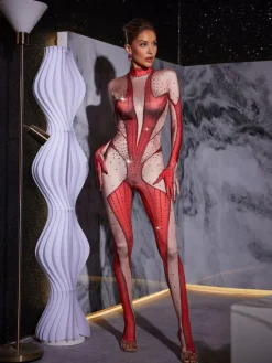 Jumpsuits & Romper|Embellishment*Nuo Fansi Pera Body Printed Rhinestone Gloves Jumpsuit In Red
