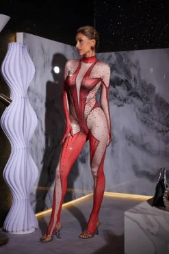 Jumpsuits & Romper|Embellishment*Nuo Fansi Pera Body Printed Rhinestone Gloves Jumpsuit In Red