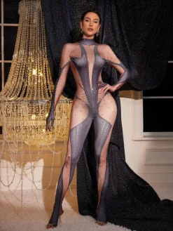 Embellishment*Nuo Fansi Pera Body Printed Rhinestone Gloves Jumpsuit In Grey
