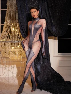 Embellishment*Nuo Fansi Pera Body Printed Rhinestone Gloves Jumpsuit In Grey