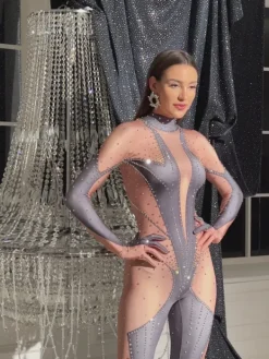 Embellishment*Nuo Fansi Pera Body Printed Rhinestone Gloves Jumpsuit In Grey