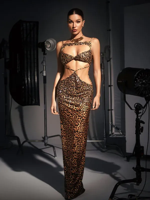 Dresses|Maxi Dresses*Mew Mews Fashion Peyton Crystal Embellished Leopard Maxi Dress