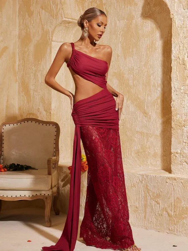 Dresses|Maxi Dresses*Mew Mews Fashion Phelia Cutout Lace Draped Maxi Dress In Wine