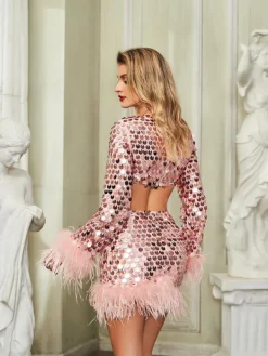 Dresses*Mew Mews Fashion Philippine Long Sleeve Sequin Feather Cutout Mini Dress