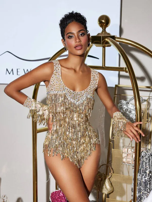 Bodysuits|Tops*Embellishment Pisan U Neck Sequin Fringe Bodysuit With Gloves