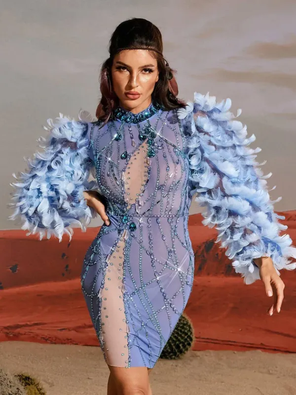 Embellishment|Dresses*Embellishment Platon Long Sleeve Feather Embellished Mini Dress