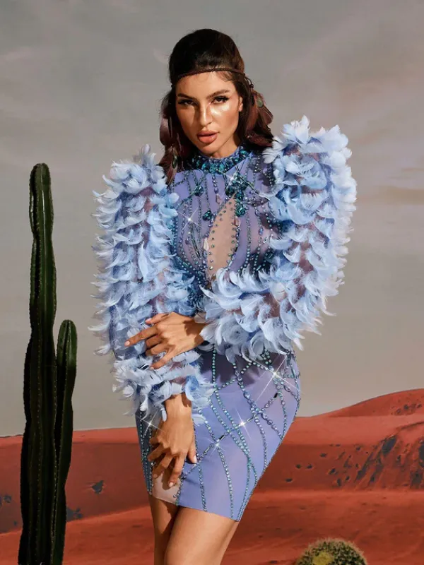 Embellishment|Dresses*Embellishment Platon Long Sleeve Feather Embellished Mini Dress