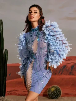 Embellishment|Dresses*Embellishment Platon Long Sleeve Feather Embellished Mini Dress