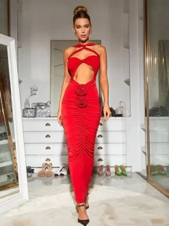 Dresses|Maxi Dresses*Mew Mews Fashion Pomeline Rose Bodycon Maxi Dress In Red