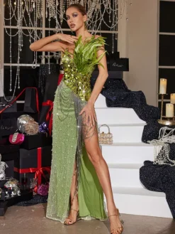 Embellishment|Dresses*Lu Yili Qorow Feather Trimmed Crystal Chain Fringe Maxi Dress
