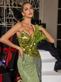 Embellishment|Dresses*Lu Yili Qorow Feather Trimmed Crystal Chain Fringe Maxi Dress