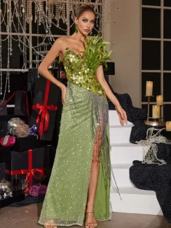 Embellishment|Dresses*Lu Yili Qorow Feather Trimmed Crystal Chain Fringe Maxi Dress