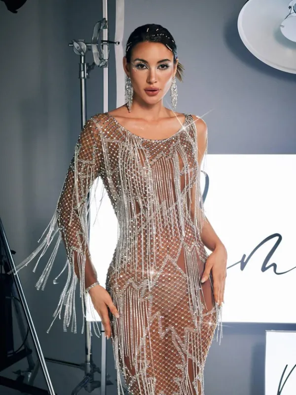 Embellishment|Dresses*Embellishment Quentin Printed Rhinestone Fringe Maxi Dress