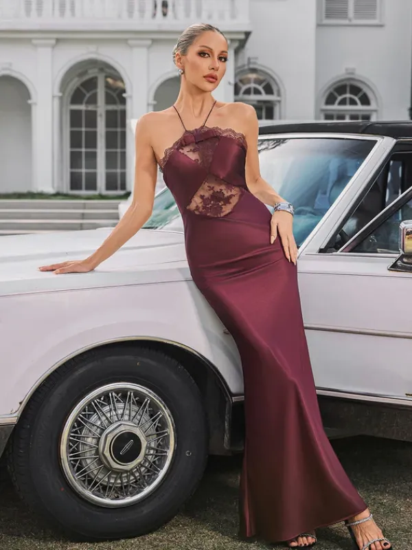 Dresses|Maxi Dresses*Mew Mews Fashion Quivara Halterneck Trimmed Satin Maxi Dress