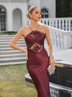 Dresses|Maxi Dresses*Mew Mews Fashion Quivara Halterneck Trimmed Satin Maxi Dress