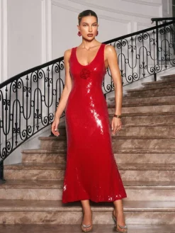Dresses|Maxi Dresses*Mew Mews Fashion Radana Plunge Neck Flower Sequin Dress In Red