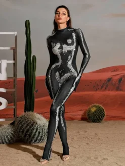 Jumpsuits & Romper|Embellishment*Embellishment Radek Body Printed Rhinestone Gloves Jumpsuit In Silver