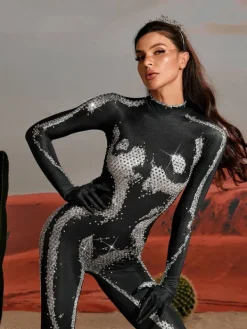 Jumpsuits & Romper|Embellishment*Embellishment Radek Body Printed Rhinestone Gloves Jumpsuit In Silver
